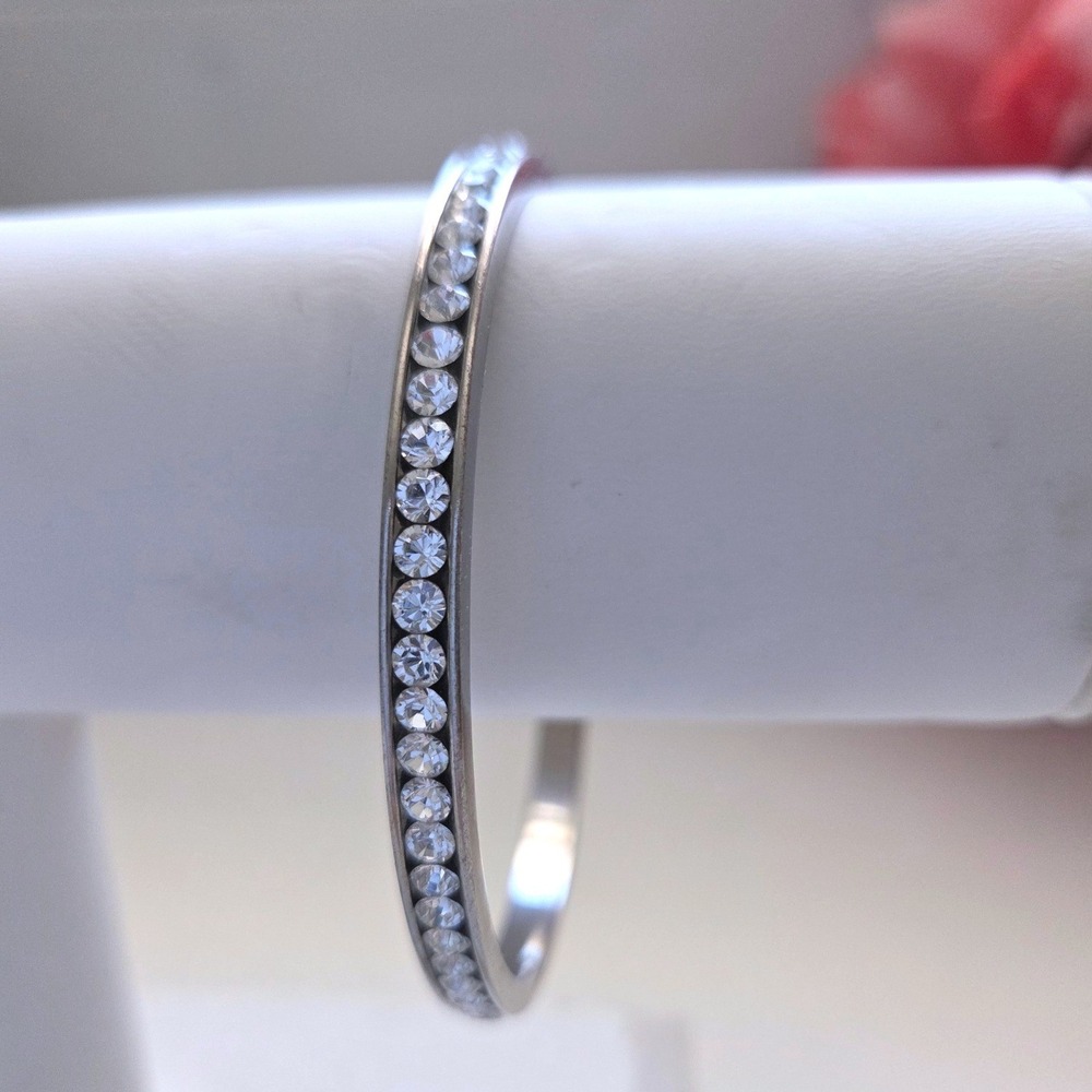 VTG Y2K Coach Silver Tone Clear Crystal Channel Set Bangle Bracelet Logo Stamp